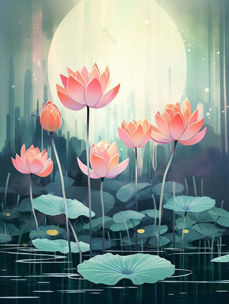月亮下的荷花背景,插画/手绘图,插画/手绘图库,插画/手绘图下载,插画/手绘
